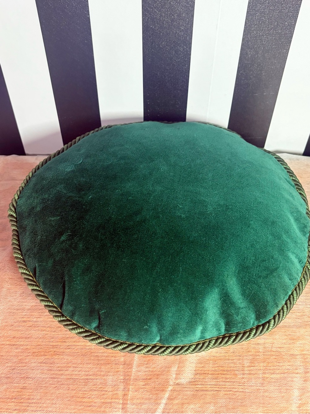 Vintage Round Needlepoint Floral Throw Pillow, 15" Diameter. Elegant dark green - Picture 8 of 8